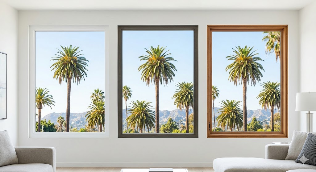 A visualization comparing three different window frame materials—white vinyl, dark fiberglass, and natural wood—on large vertical windows in a modern Los Angeles living room, overlooking a sunny skyline with palm trees.